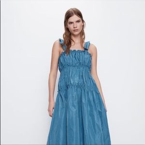 Zara Taffeta Tied Voluminous Midi Dress Blue Sleeveless